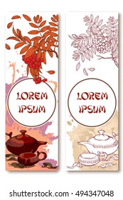 Still life composition. Ceramic teapot cup tea leaves rowanberry branch on grunge spot and burlap bacgrounds. Set of 2 seasonal vertical banners. Tea ceremony flyer. EPS10 vector illustration.
