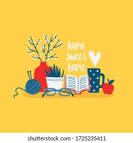 Still life composition with cozy interior objects. Colorful hand drawn vector illustration. Stay at home concept.