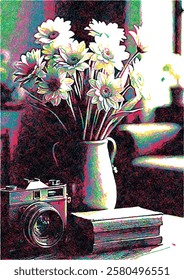 A still life composition featuring a vase of flowers, an old camera, and stacked books. The vibrant, textured digital art evokes nostalgia, creativity, and timeless beauty.