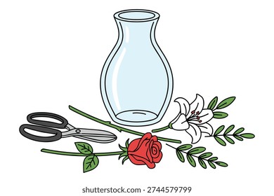 Still life composition of florist tools including sharp shears and fresh blossoms ready for bouquet creation