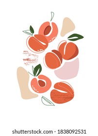 still life composition with peaches on a white background . art poster