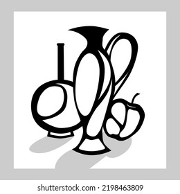 still life, a composition of stylized vessels for drinks and an apple in passepartout