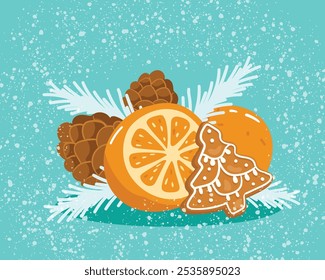 Still life composition of tangerines, gingerbread, fir branches, pine cones. Snow vector background.