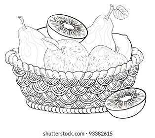 Still life  contours: wattled basket and sweet fruits: apples  pears  kiwi 