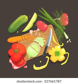 Still Life With Cooking Ingredients For Fresh Vegan Salad With Raw And Fresh Vegetables Places Around Cutting Board Illustration