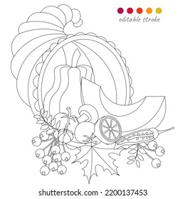 Still life and cornucopia  pumpkin  leaves   vegetables  Autumn collection  Relaxation coloring template  Editable vector illustration 