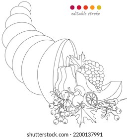 Still life and cornucopia  pumpkin   vegetables  Autumn collection  Relaxation coloring template  Editable vector illustration 