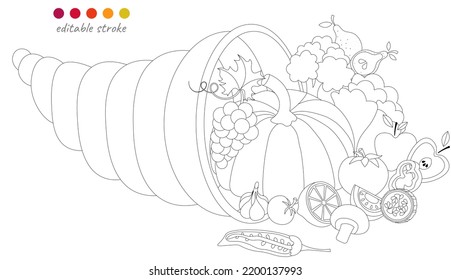 Still life and cornucopia  pumpkin  vegetables   fruits  Autumn collection  Relaxation coloring template  Editable vector illustration 