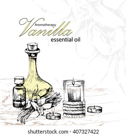 still life  for cosmetology with essential oil of vanilla with flowers vanilla and candles in the style of hand drawn
