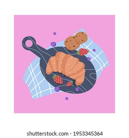 Still life with croissant, strawberries and cookies. Vector illustration.