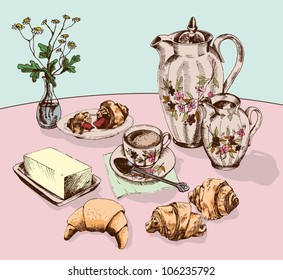 still Life with croissants coffee service. vector illustration