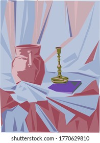 still life in the cubist style with the image of a jug and a candlestick, made in pastel colors