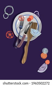 
Still life of cutlery with vegetables. Vector.