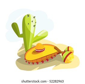 Still life depicted in the Mexican style, sambrero, cactus, and maracas