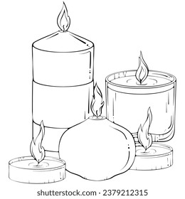 Vida de diferentes velas. Ronda, columna, en vidrio, velas de té. vela de aromaterapia Spa. Elemento de diseño simple. Ilustraciones del vector de contorno negro en el estilo de esbozo dibujado a mano aisladas en blanco