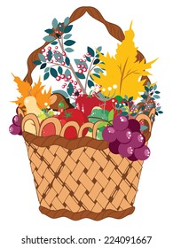 Still life of different vegetable and fruits with maple leaves in the basket.