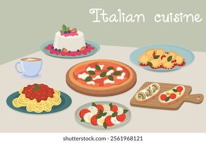 Still life with dishes of classic Italian cuisine on the table. Cute appetizing illustration of tasty national food	