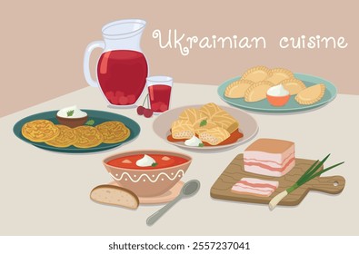 Still life with dishes of Ukrainian cuisine on the table. Cute flat illustration of tasty traditional food