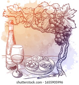 Dibujo con una mesa de café servida con una botella de vino, una copa y varios aperitivos. Plantilla para un menú de restaurante. Esbozo en fondo texturado de color de agua. Vector EPS10