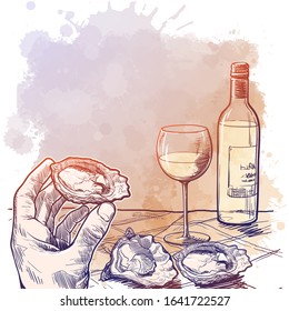 Still Life Drawing Witha A Hand Holding Oyster Bottle Of White Wine And A Couple Of Oysters Laying On A Table. Template For A Restaurant Menu. Sketch On A Watercolor Textured Background. EPS10 Vector