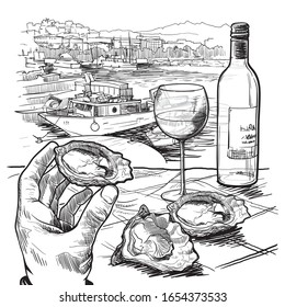 Still life drawing witha a hand holding oyster a bottle of white wine and a couple of oysters laying on a table. Panorama of La Spezia, Italy. Linear sketch isolated on white background EPS10 vector