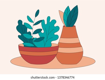 Still life flat vector illustration with a vase and a bowl with leaves inside
