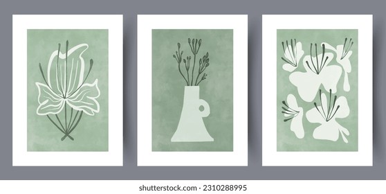 Stillleben Blumen blühende Pflanzen Wandkunstdruck. Paket, Sammlung. Printable minimale abstrakte Blumen Poster. Wandbilder für Innenarchitektur. Zeitgenössischer dekorativer Hintergrund mit Pflanzen.