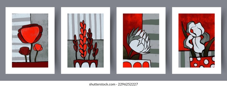 Still life flowers creative rethinking wall art print. Wall artwork for interior design. Contemporary decorative background with rethinking. Printable minimal abstract poster. Collection, bundle.