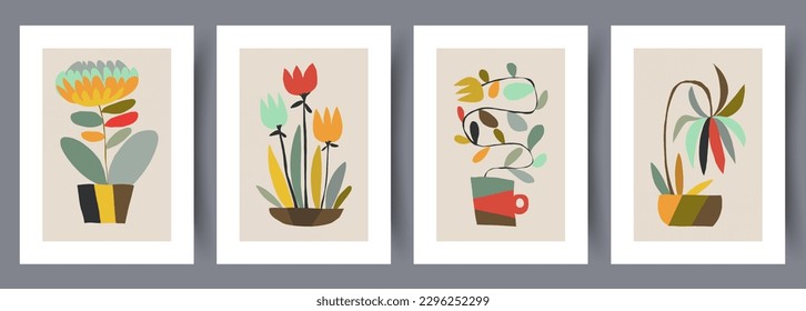 Stillleben Blumen Blumenmuster Blumenmuster Blumengemälde. Paket, Set. Printable minimale abstrakte Blumen Poster. Wandbilder für Innenarchitektur. Zeitgenössischer dekorativer Hintergrund mit Hauspflanze.