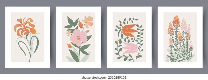 Still life flowers organic ecology wall art print. Printable minimal abstract flowers poster. Wall artwork for interior design. Contemporary decorative background with ecology. Set, collection.