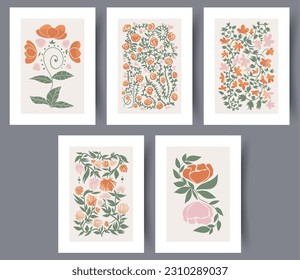 Still life flowers spring plants wall art print. Wall artwork for interior design. Contemporary decorative background with plants. Collection, set. Printable minimal abstract flowers poster.