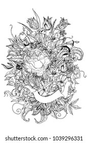 Still life with flowers in the style of the old Dutch masters in zentangle interpretation. Black and white. Vector illustration. The best for your design, textiles, posters, coloring book
