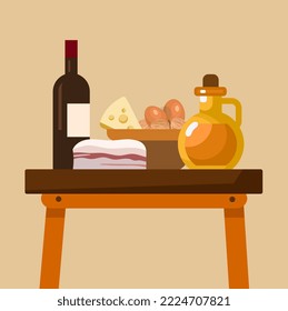 Still life of food on the table. Farm products on the table. Italian products. Organic products. Vector illustration.