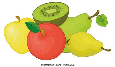 Still life, food, various fruits on a white background: apples, pears, kiwi. Vector