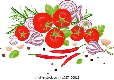 Still life of fresh bright vegetables: tomatoes, garlic, red onions, hot chili peppers, herbs and spices on a white background. Vector hand-drawn realistic drawing.