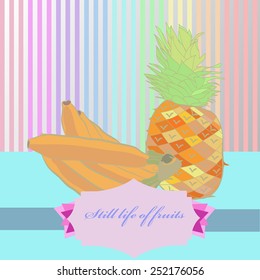 Still life with fresh fruits: bananas, pineapple, label on a  gradient gray   striped background. Hand drawn.