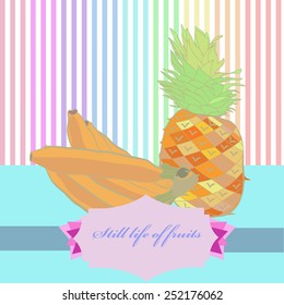 Still life with fresh fruits: bananas, pineapple, label on a  white   striped background. Hand drawn.