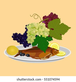 Still life with fried fish and grapes. Vector illustration