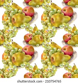 Still life with fruit in a plate, seamless pattern texture, fresh food on white background vector illustration