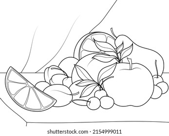 Still life of fruit. Vector, page for printable children coloring book.