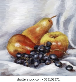 Still Life Fruits Apples, Pears and Grapes. Vector