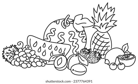 still life of fruits and berries. watermelon, pineapple, strawberry, lemon, cherry, apricot, grapes. black outline for children's coloring book. for printing, applications, games.