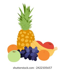 Still life fruits. Vector banana, apple, grape, pineapple, orange. 