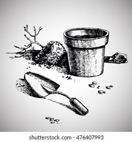 Still life of garden tools and pot. Planting activity objects. Hand drawn vector illustration your stuff gardening.