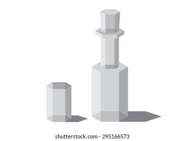  A still life a geometrical figure, a decanter and a glass on a white background