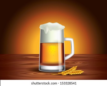 Still life with glass of beer on wooden table, dark background