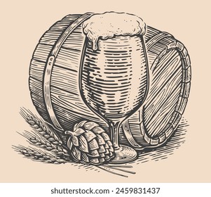 Stillleben von Glas Bier, Holzfass. Brauerei, Kneipenkonzept. Clipart Vintage Skizzenzeichnung