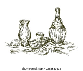 Still life and glass   bottle wine 