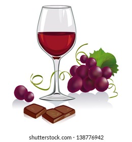 still life with a glass of wine, grapes and chocolate. Vector illustration