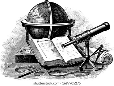 Still Life With Globe Includes Telescope, Divider, Rolled Map, Book, Vintage Line Drawing Or Engraving Illustration